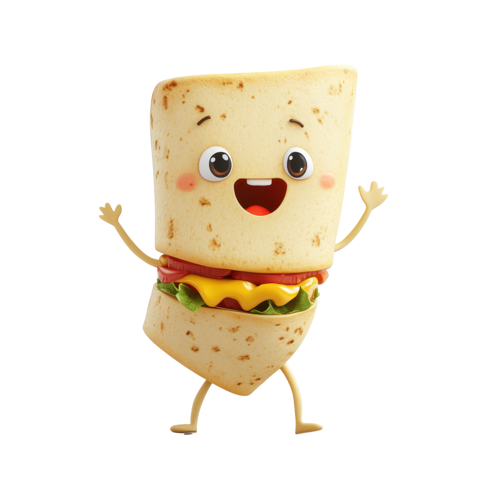 Happy cartoon tortilla character dancing with a cheerful expression and colorful toppings in a vibrant design png