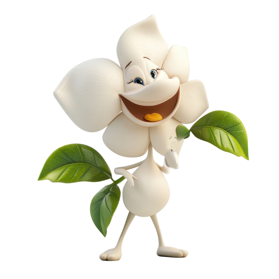 Smiling animated flower character with leaves in a joyful pose on a plain background png