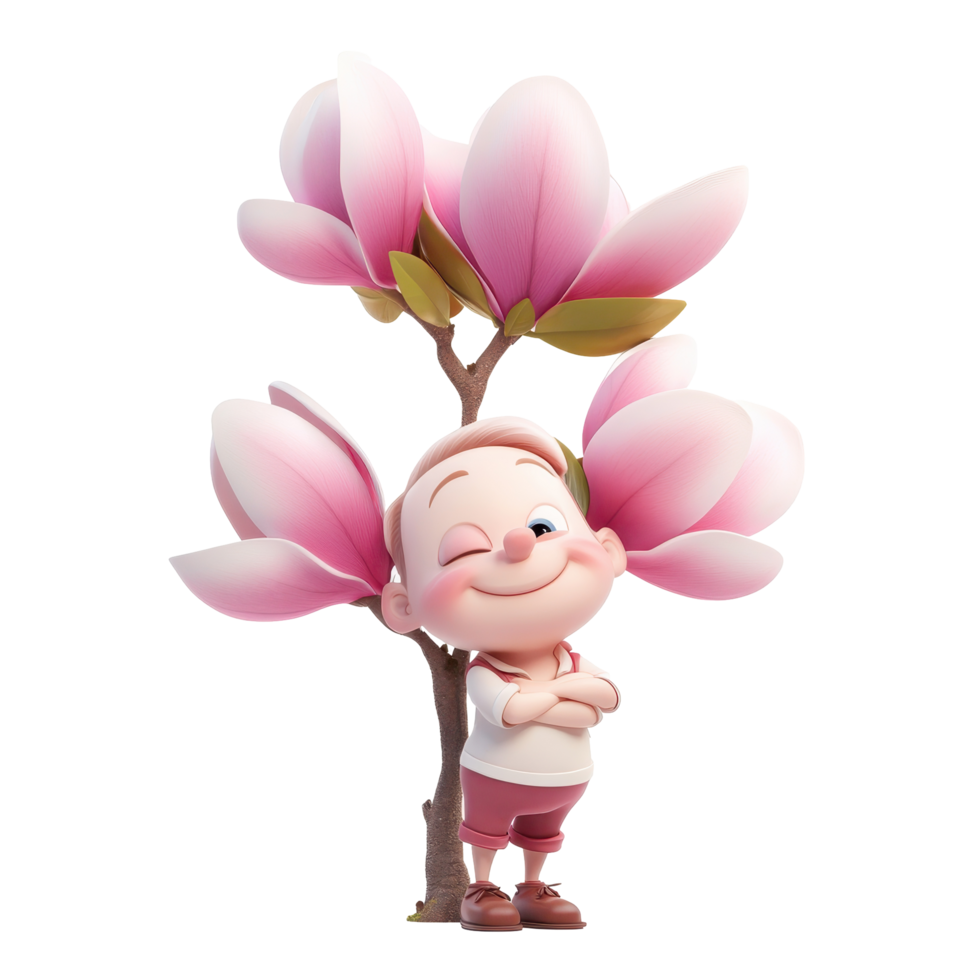 Cheerful child with a playful expression stands next to a flowering magnolia tree in a vibrant spring setting png