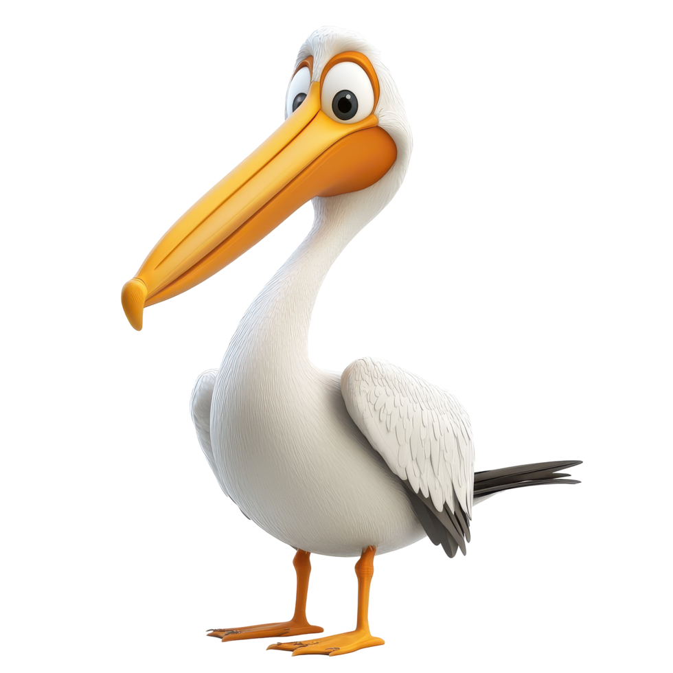Bright and cheerful animated pelican character with large beak and big eyes in a playful pose for creative project png