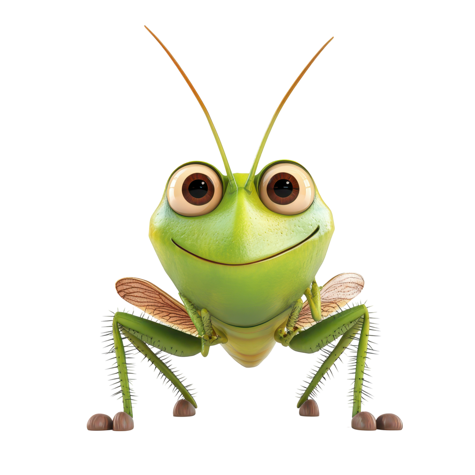 Cheerful green grasshopper smiling with big eyes in a playful pose on a white background png