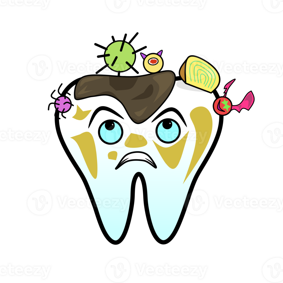 Expressive cartoon teeth showing tooth decay, plaque, and various bacteria and colorful candies stuck to them. The teeth have a distressed facial expression. png