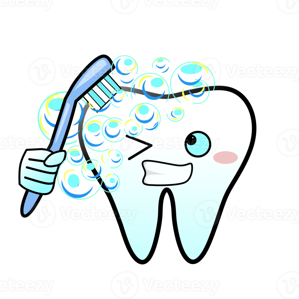 A cheerful cartoon illustration of a tooth character brushing itself with a blue toothbrush. The tooth is winking and surrounded by colorful soap bubbles, creating a fun and educational image png