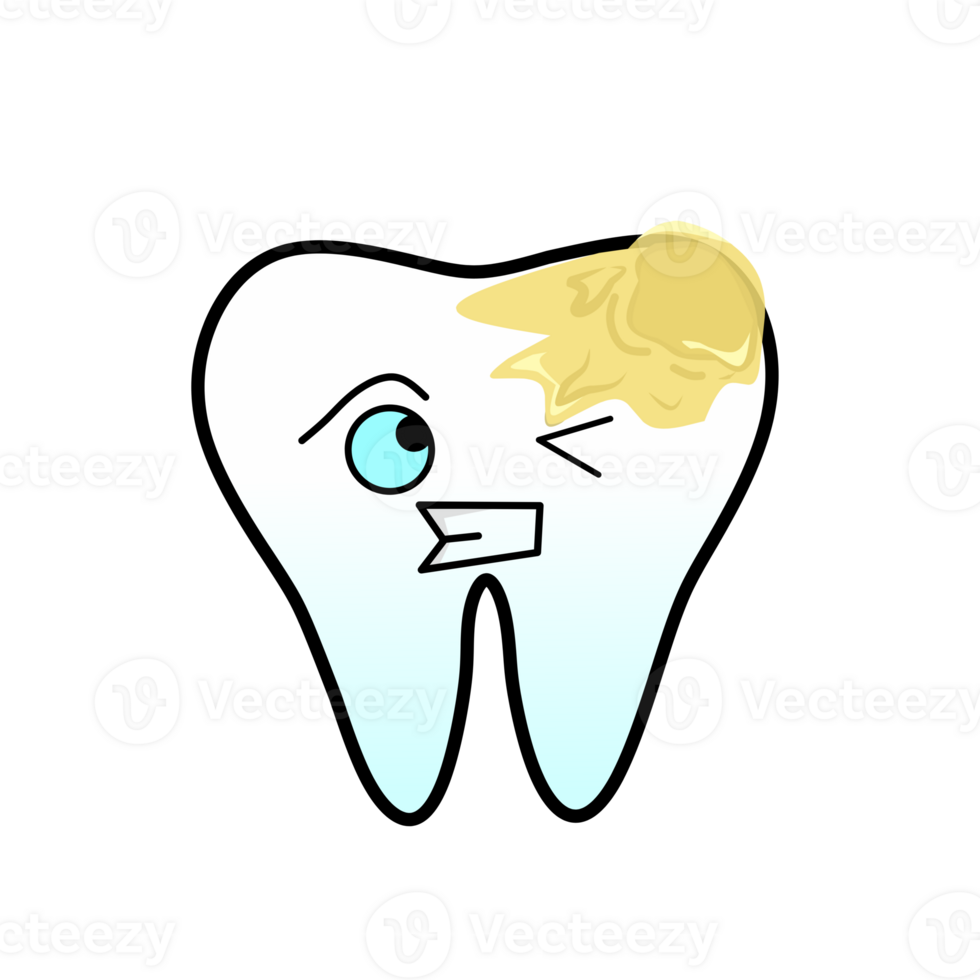 Cute cartoon illustration of teeth showing exaggerated pain expression with yellowish lactic acid buildup on top. Ideal for educational content on the effects of sugar on teeth. png