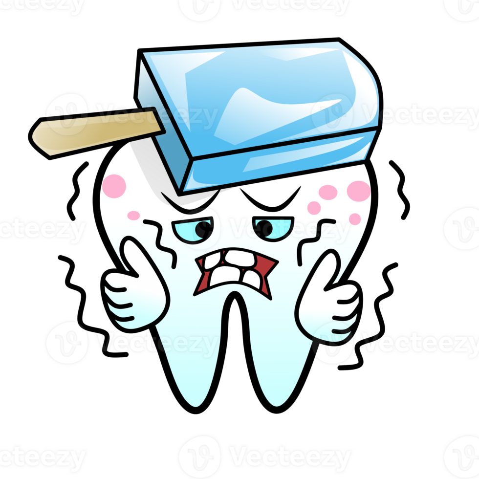 A cartoon illustration of a tooth character experiencing discomfort from cold, with a block of ice or ice cream on its head. The tooth has a pained expression, flushed cheeks, and is shivering. png