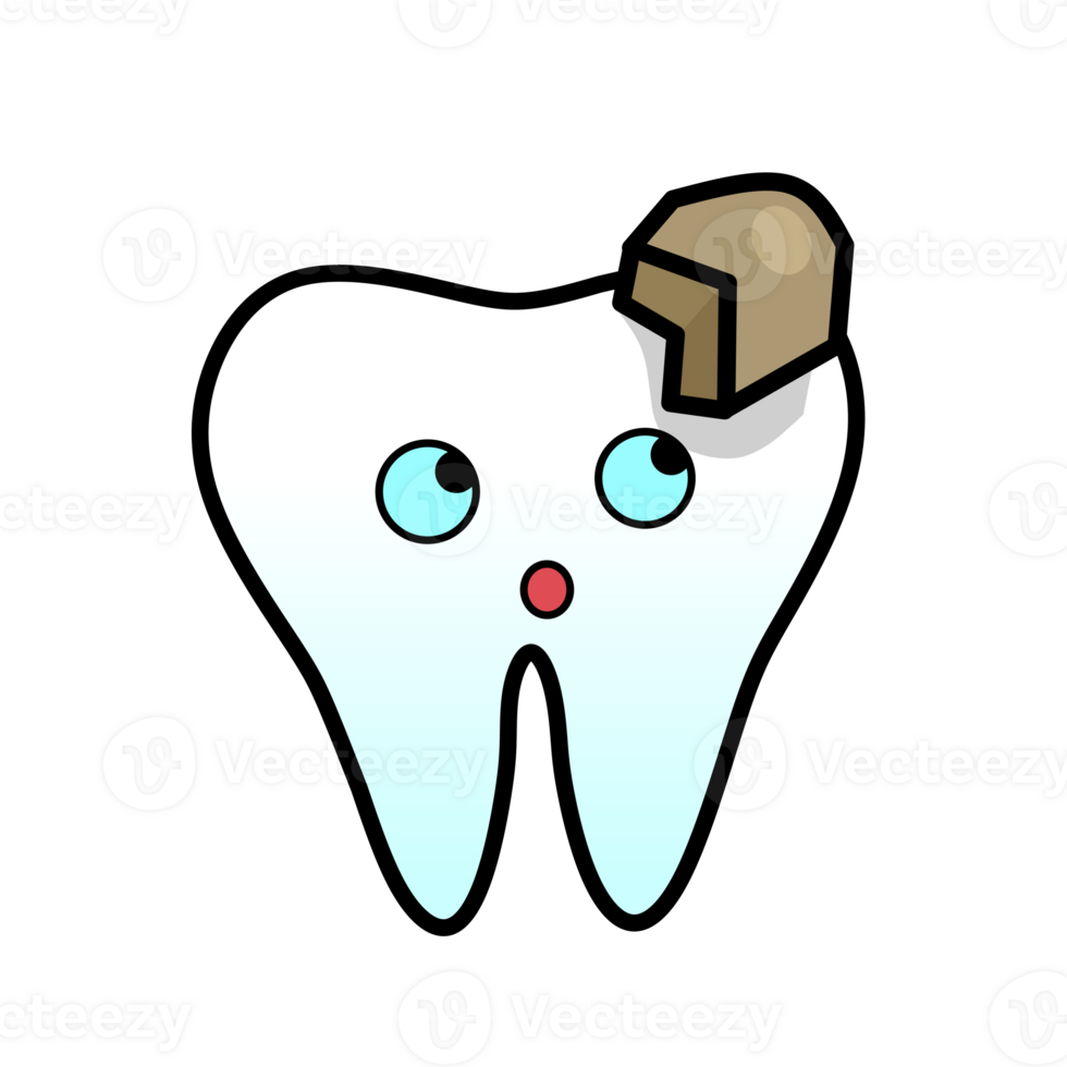 A cute cartoon tooth with a surprised facial expression, reacting to a piece of chocolate stuck on its top. The illustration represents dental issues related to sweets and sugar png
