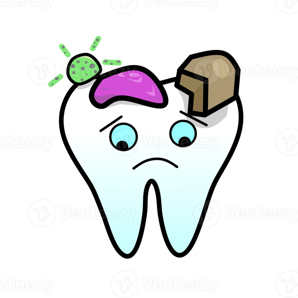 A sad cartoon tooth illustration showing signs of tooth decay, a piece of chocolate, purple plaque, and green germs. depicts poor oral hygiene and the dangers of sugar and bacteria. png
