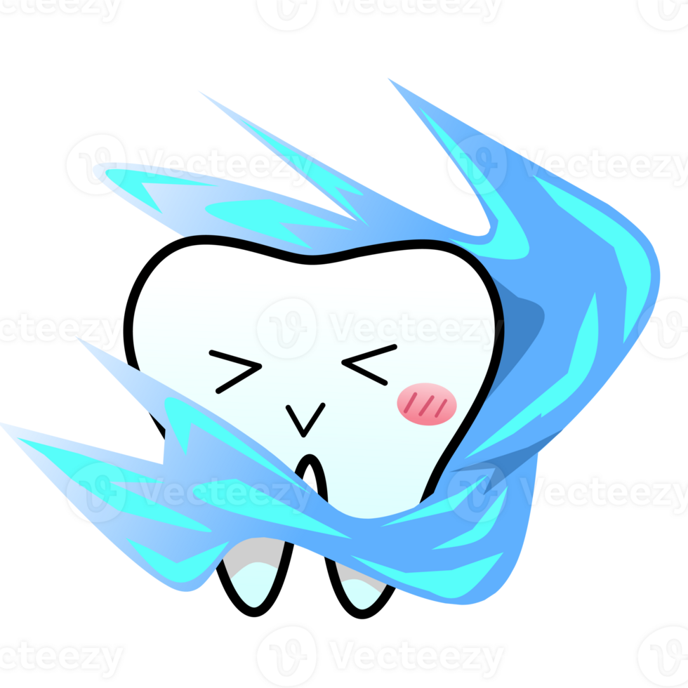 A cartoon illustration of a tooth character reacting with tightly closed eyes and flushed cheeks, surrounded by a swirling blue liquid giving the impression of a mouthwash or gargle. png