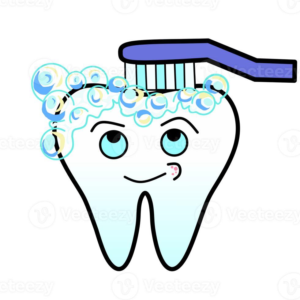 A cute cartoon illustration of a smiling tooth with expressive eyes, being brushed with a blue toothbrush. The tooth is surrounded by colorful soap bubbles, creating a fun and hygienic vibe. png