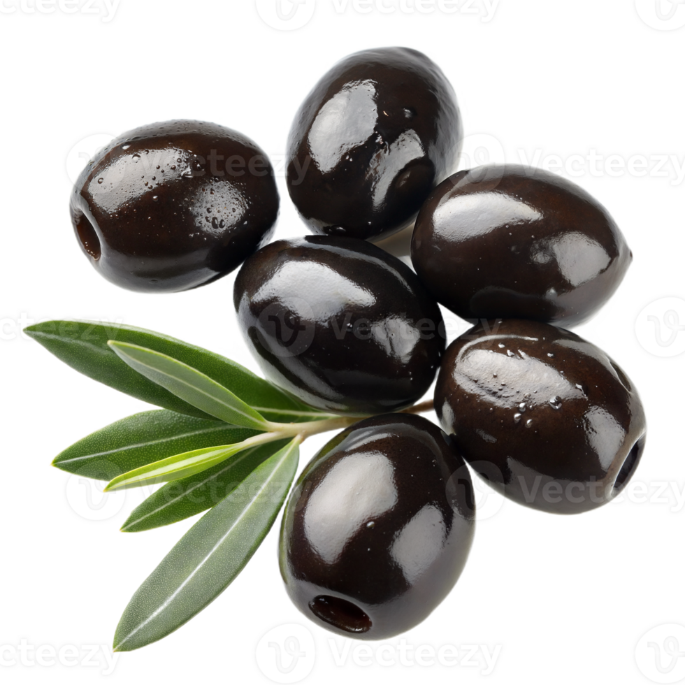 Glossy Black Olives with Fresh Green Leaves on Transparent Background png