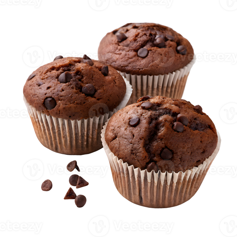 Three Delicious Chocolate Chip Muffins in Paper Liners on Transparent Background png