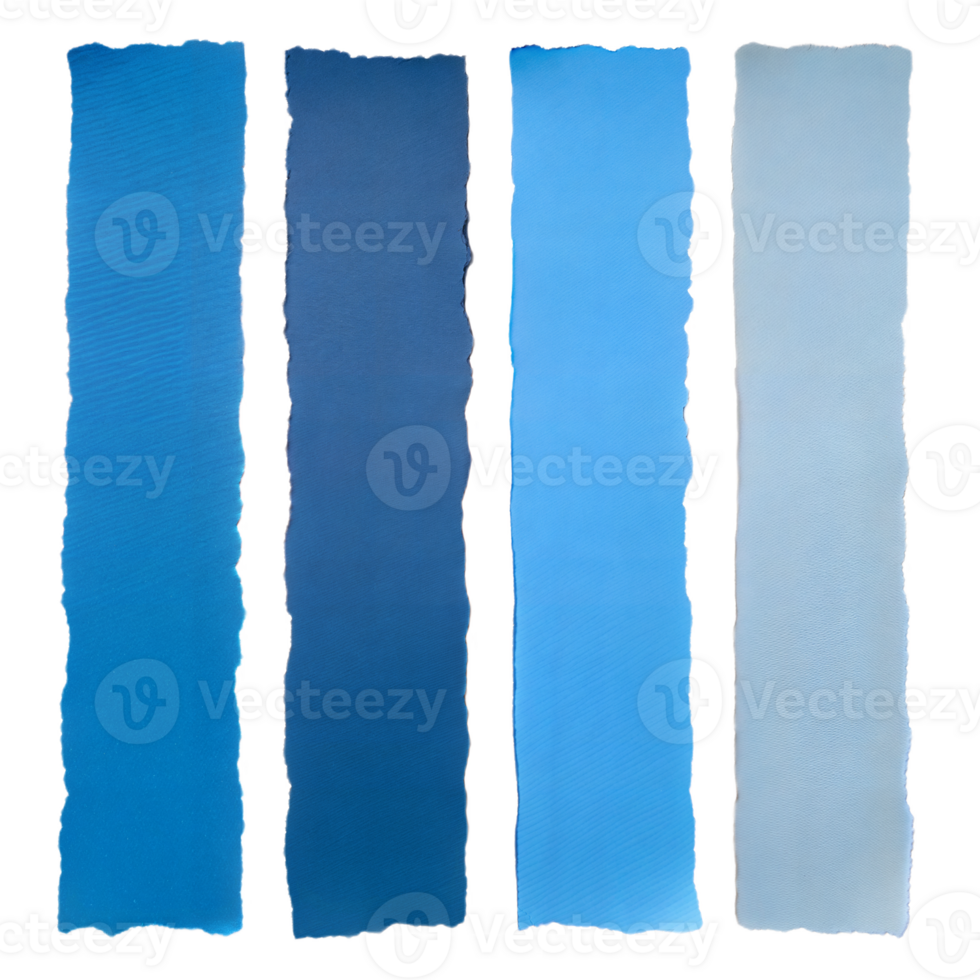 Four Vertical Torn Strips of Varied Blue Paper on Transparent Background png