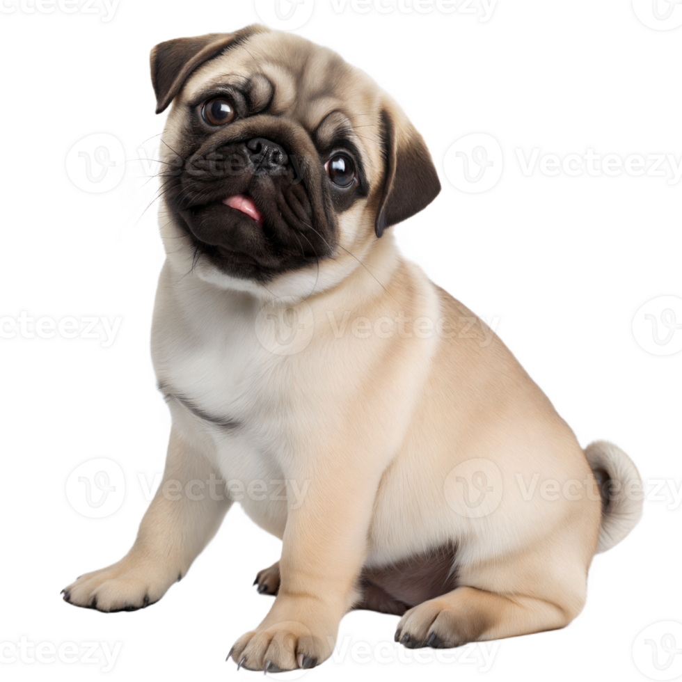 Cute Fawn Pug Puppy Sitting and Looking Up on Transparent Background png