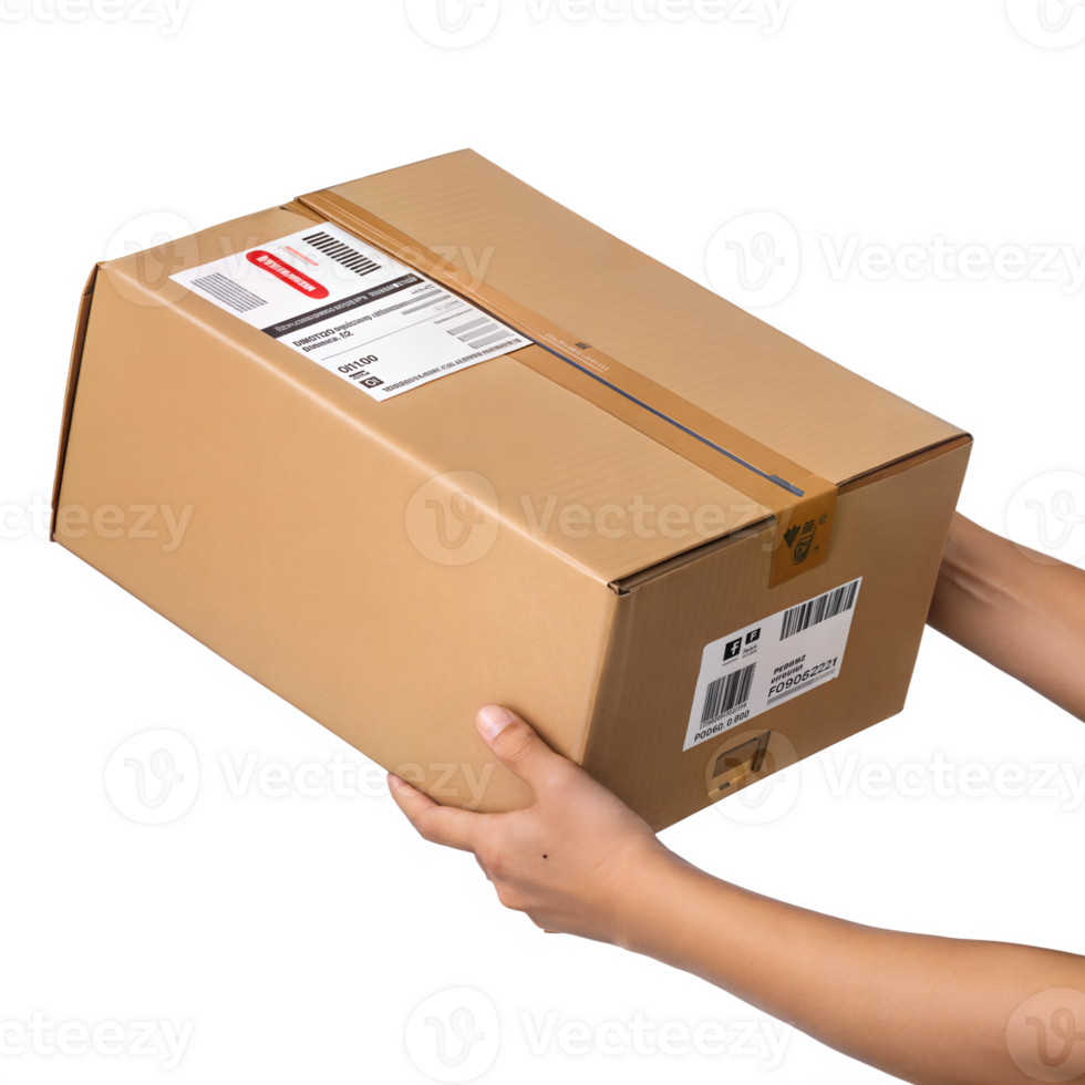 Hands Holding a Sealed Cardboard Shipping Box on Transparent Background png