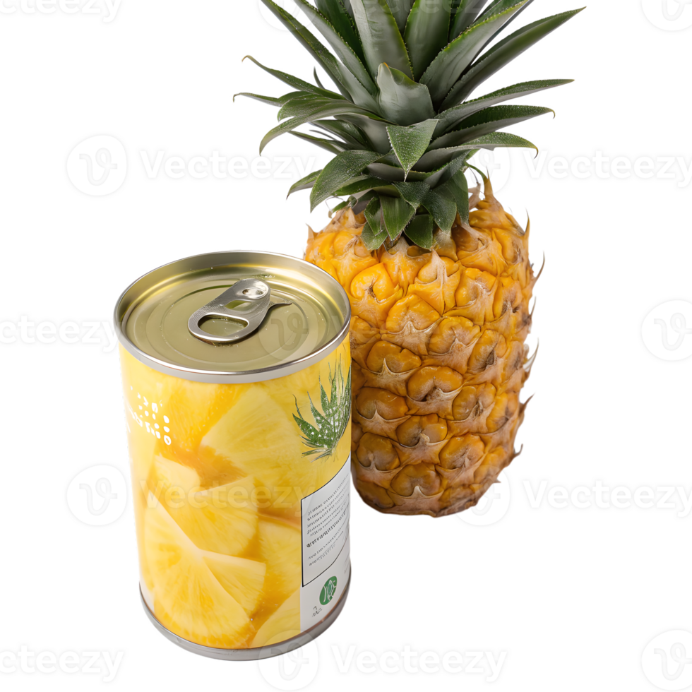 Whole Pineapple Next to a Can of Pineapple Pieces on Transparent Background png