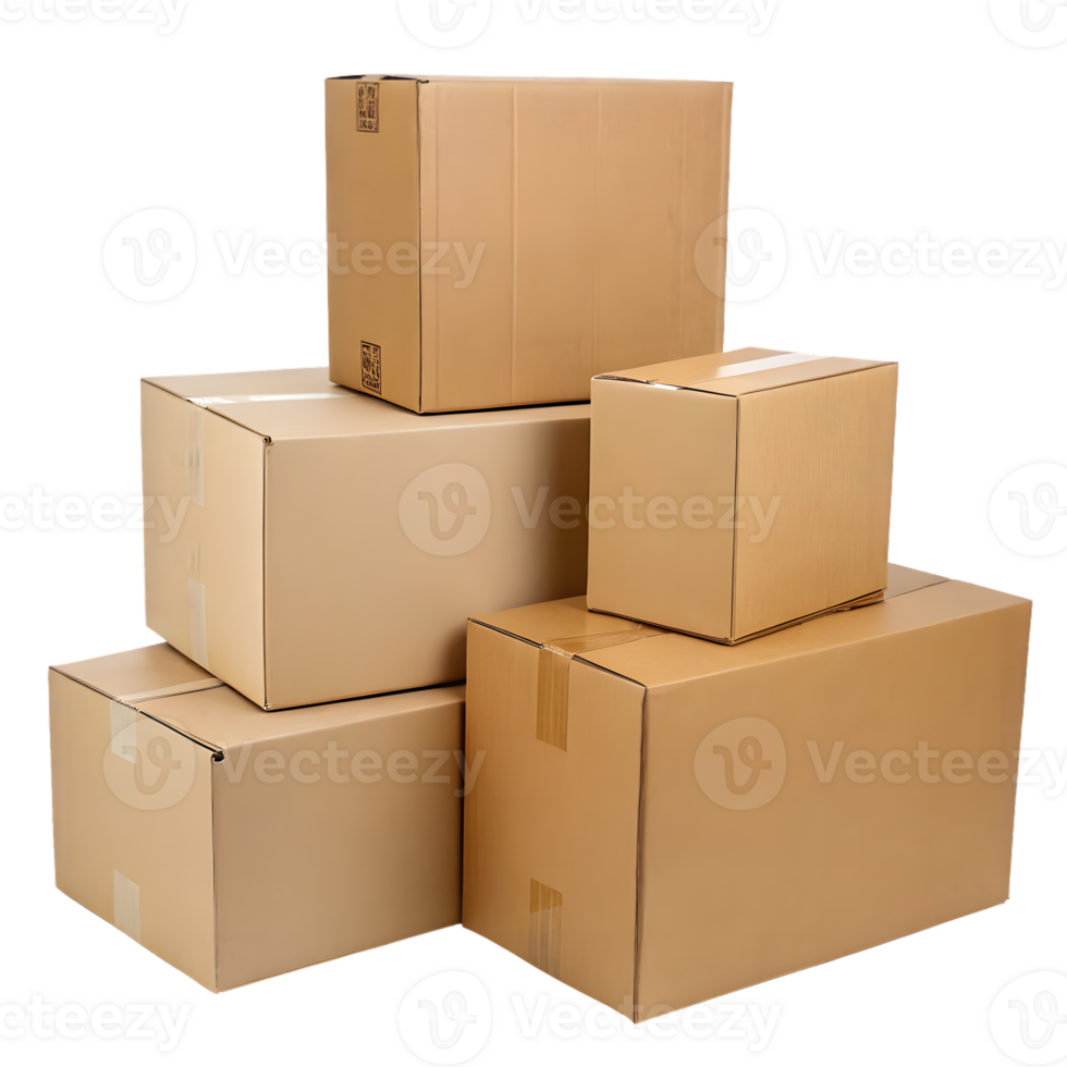 Stack of Various Sized Brown Cardboard Boxes on Transparent Background png