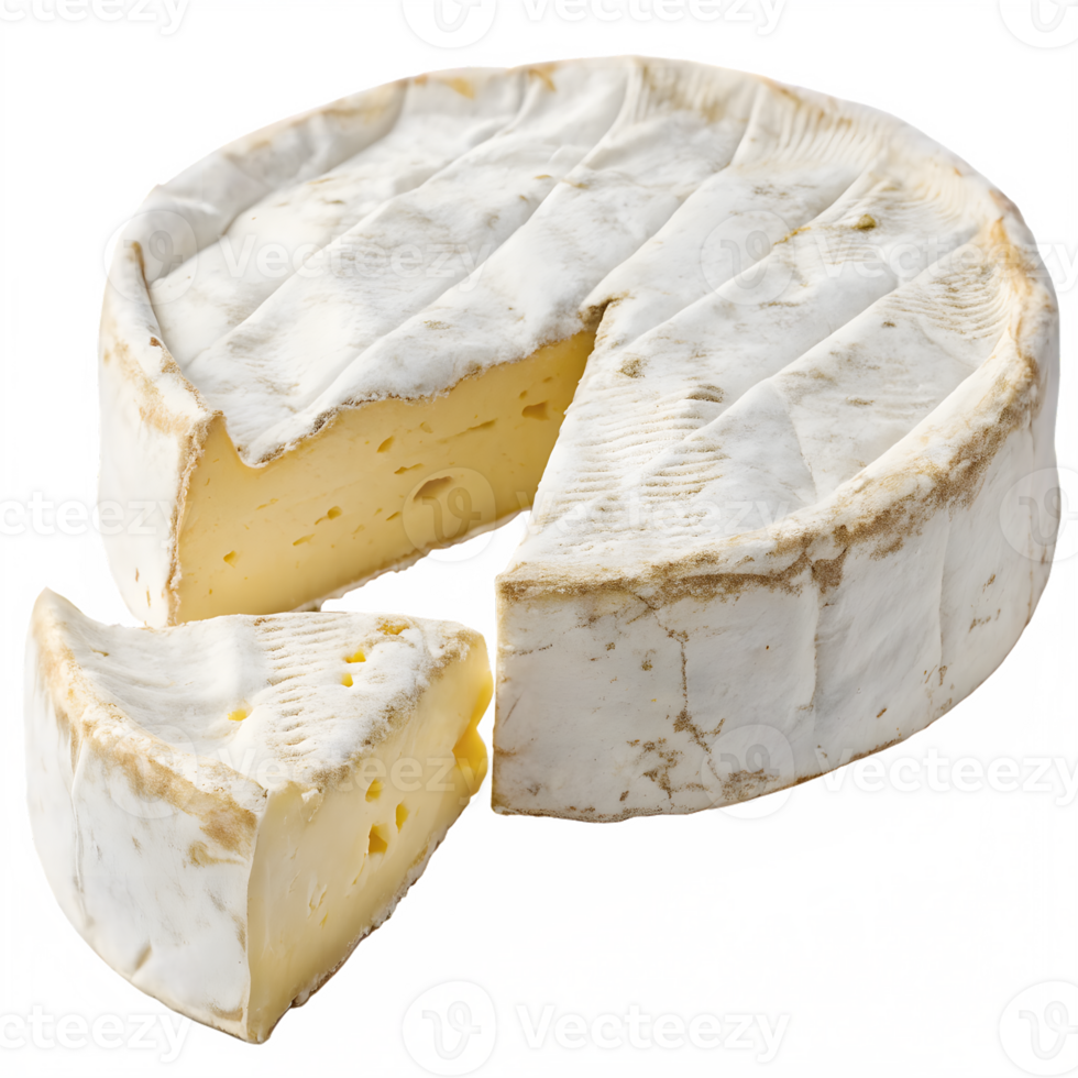 Wheel of Creamy Brie Cheese with a Slice Removed on Transparent Background png
