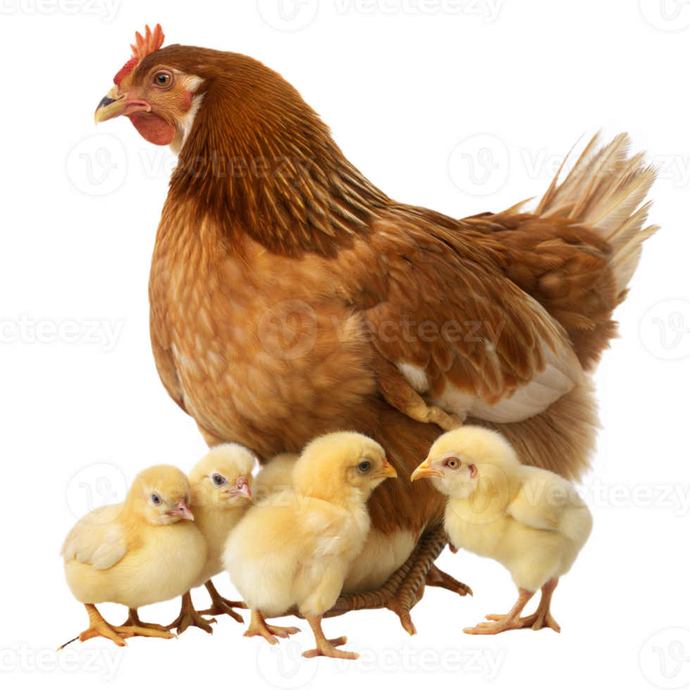Protective Mother Hen with Adorable Yellow Chicks on Transparent Background png