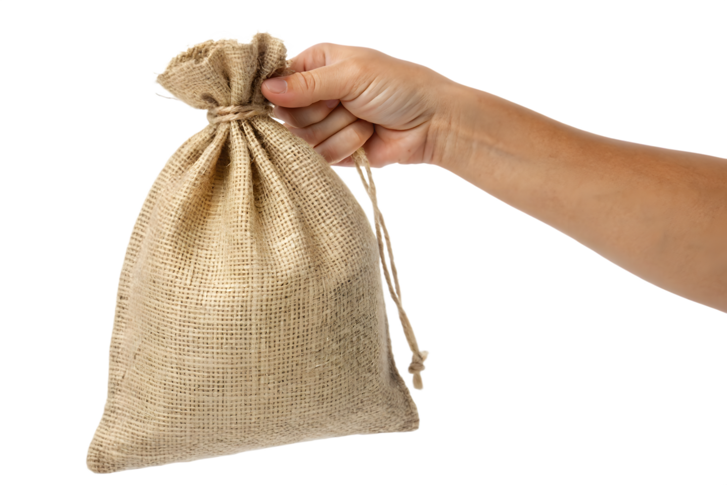 Hand Holding Light Beige Burlap Sack Photo png