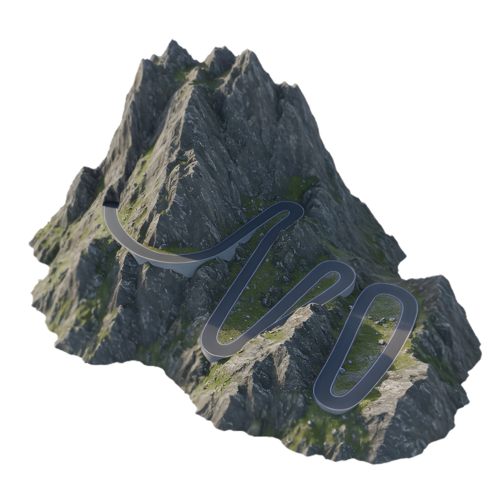 Empty asphalt curvy road around rugged mountain landscape png