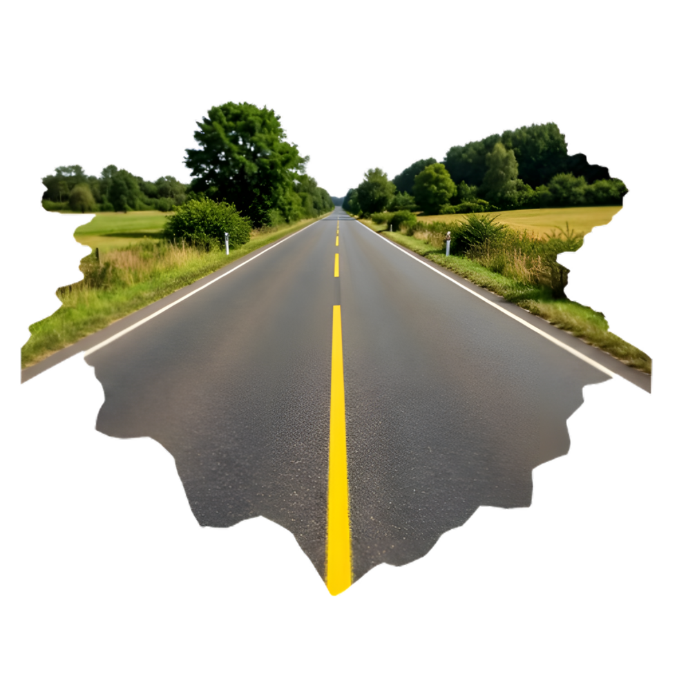 Asphalt road on a bright green hill with trees during daylight png