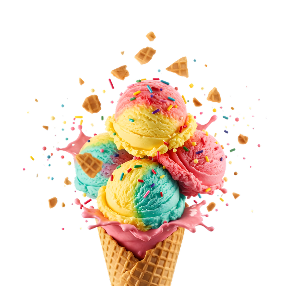 Cornet ice cream with a strawberry scoop on a colorful surface png