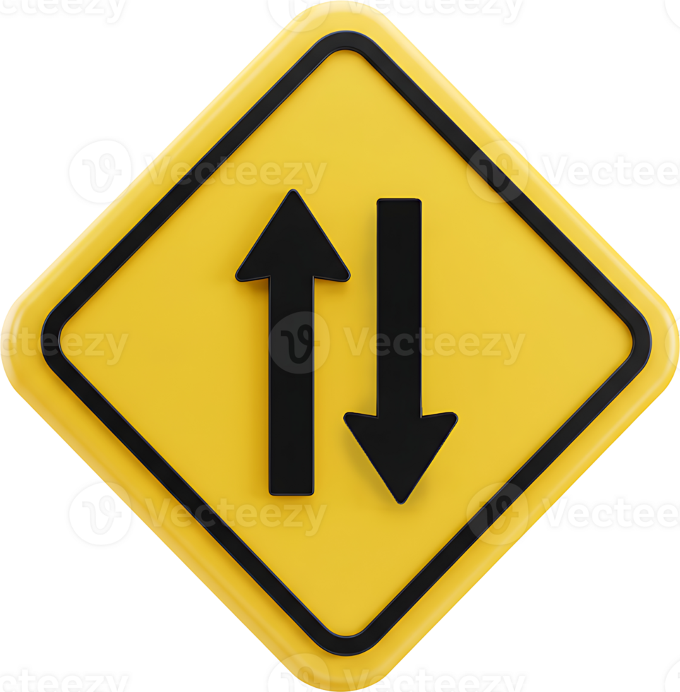 A yellow and black road sign with two arrows pointing in opposite directions png