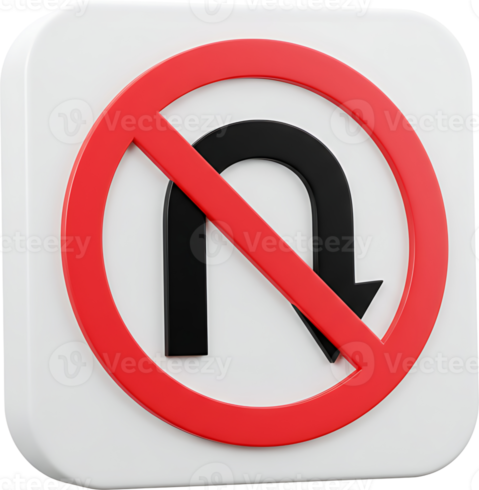 A red and white sign with a no turn sign png
