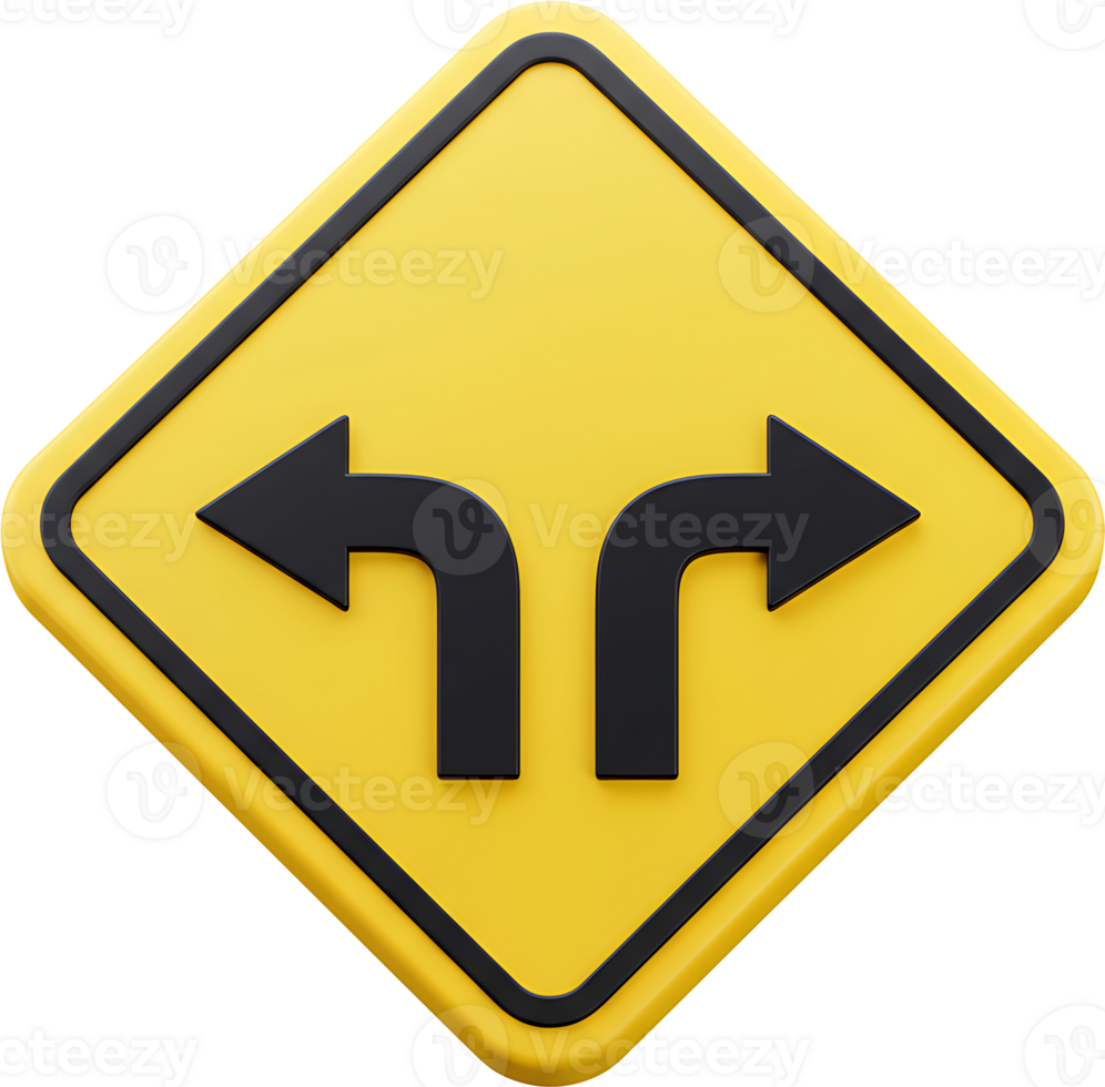 A yellow road sign with two arrows pointing in opposite directions png