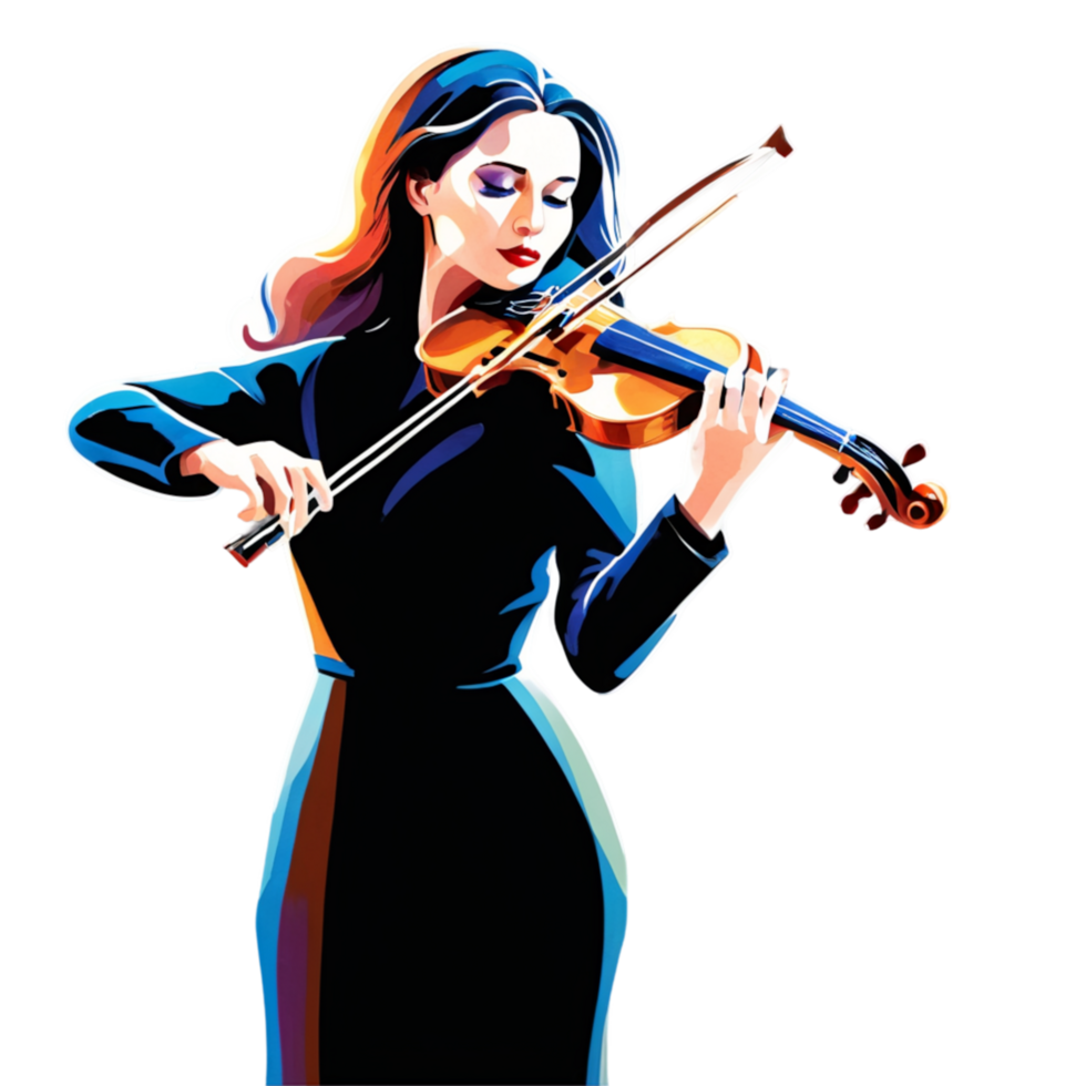 A graceful watercolor depiction of a woman playing the violin, with soft, flowing strokes capturing the elegance of the music and the movement of her dress. png