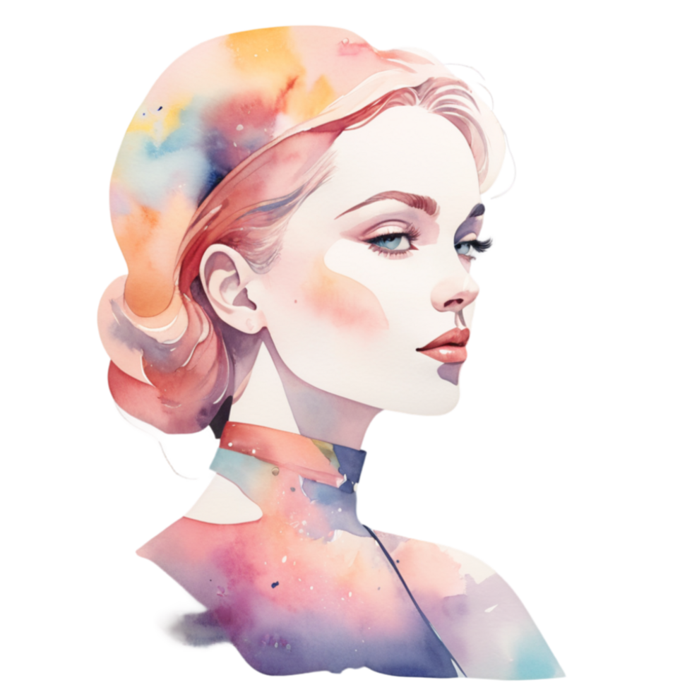 A joyful woman with rainbow-colored hair, blending beautifully in soft watercolor shades, full of life. png