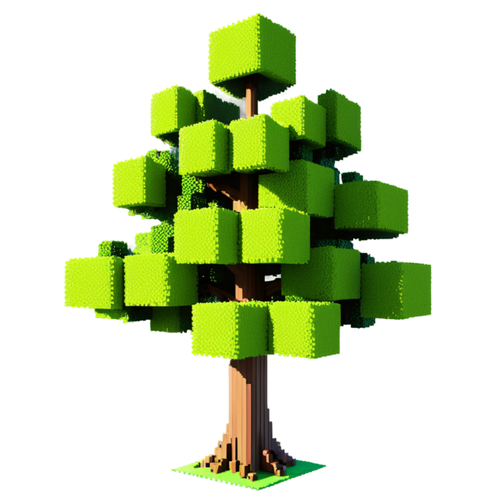 A miniature 8-bit Lego tree, with square leaves and a chunky trunk, perfect for retro game fans and Lego enthusiasts. png