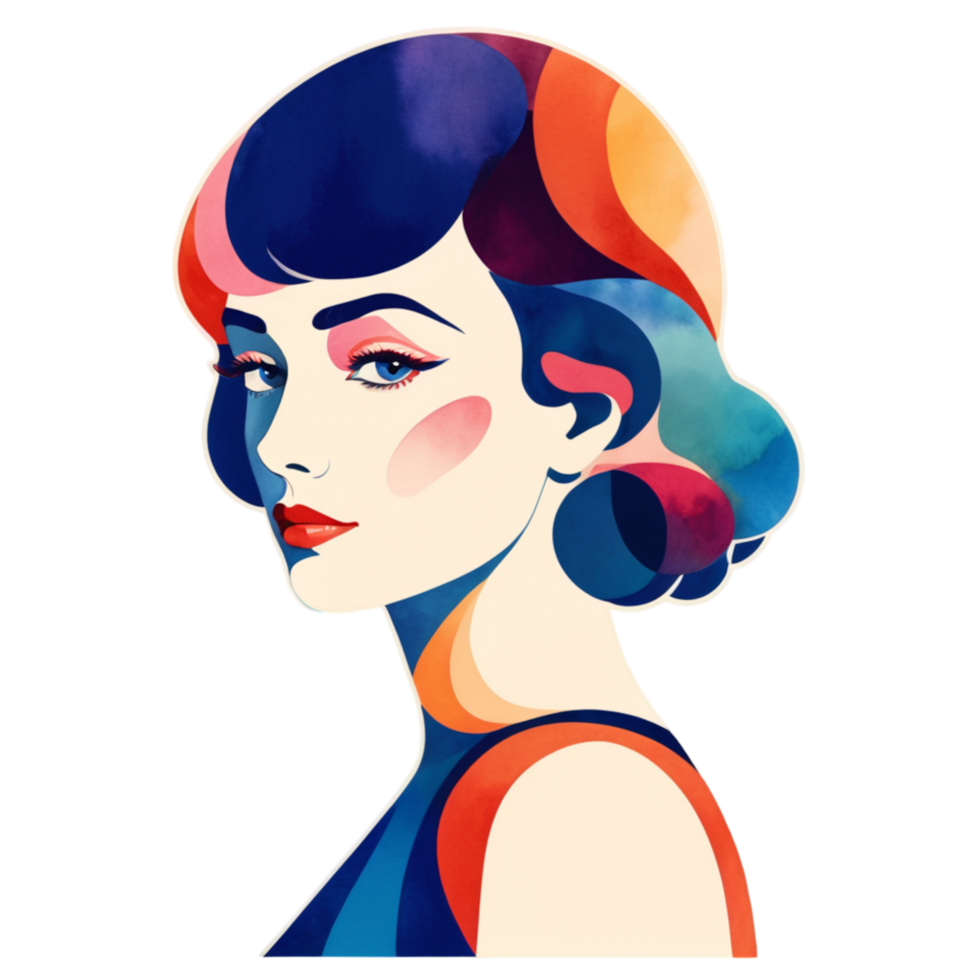 A whimsical woman with bright, rainbow hair, surrounded by soft watercolor hues, evoking a sense of wonder. png