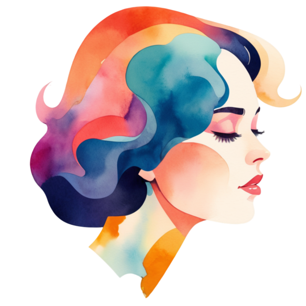 A woman with flowing, multicolored hair, captured in expressive watercolor, symbolizing freedom and individuality. png