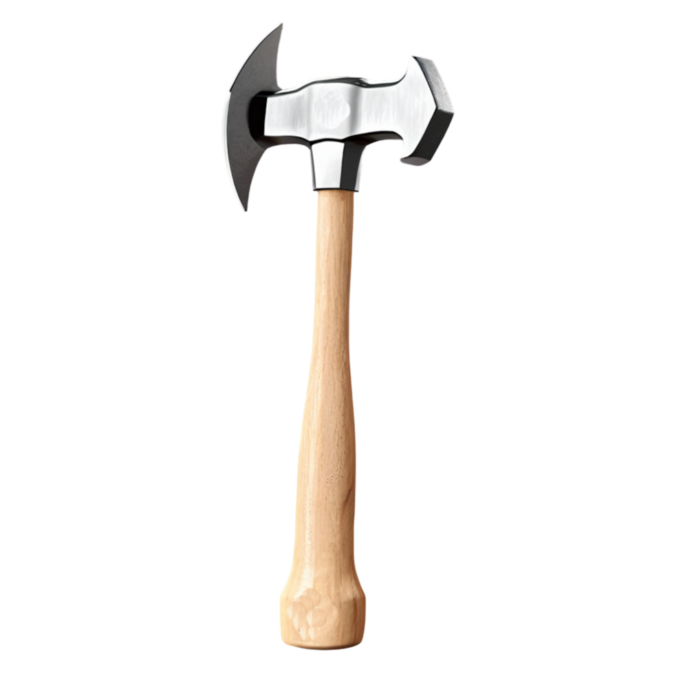 A hammer with a strong wooden handle and steel head, used for precision tasks, from carpentry to demolition, offering reliable force and control. png