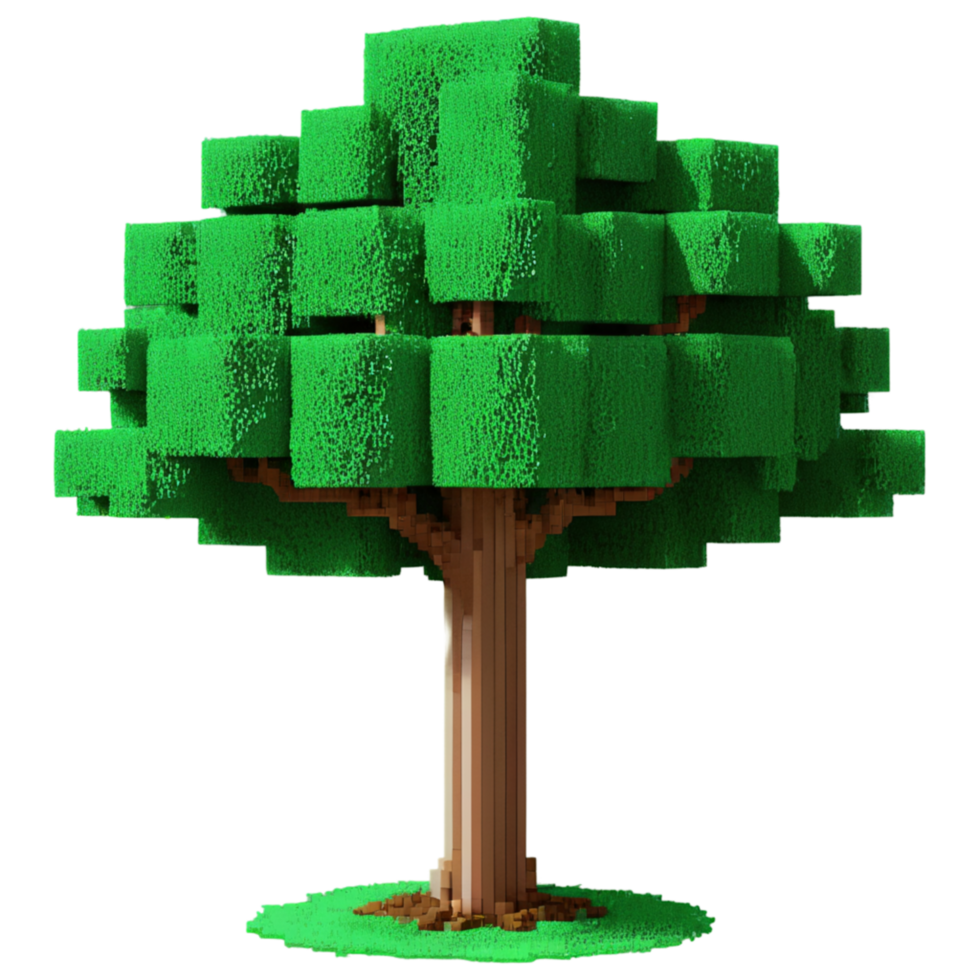 A pixelated 8-bit Lego tree with blocky branches and leaves, capturing the essence of retro gaming graphics. png