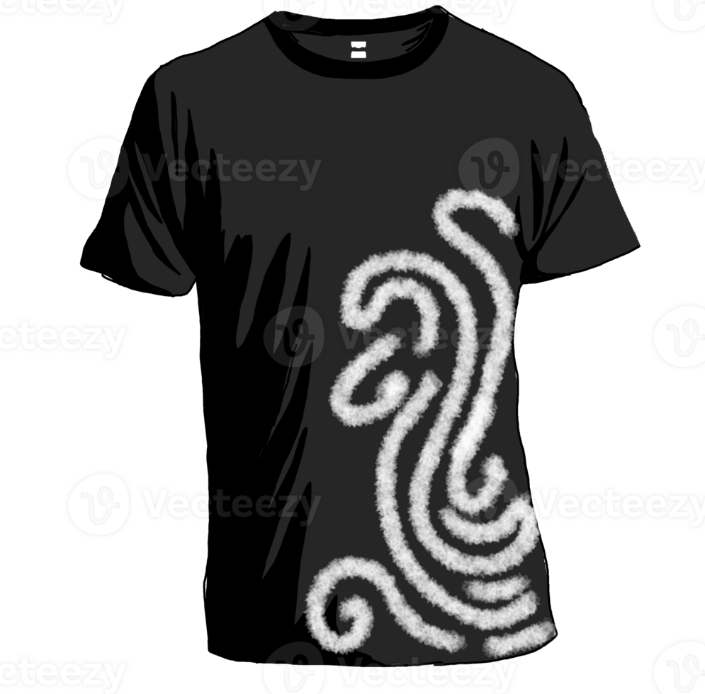 A sleek black t-shirt featuring a stylish white rope wave design across the chest, blending minimalist style with a dynamic, textured element for a modern look. png