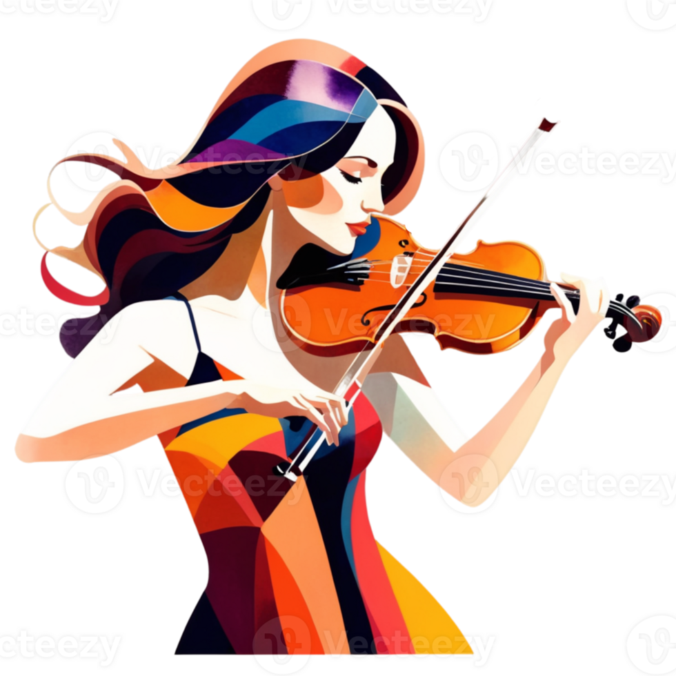 A serene watercolor illustration of a woman immersed in her violin performance, surrounded by light, delicate hues that emphasize the peaceful atmosphere. png