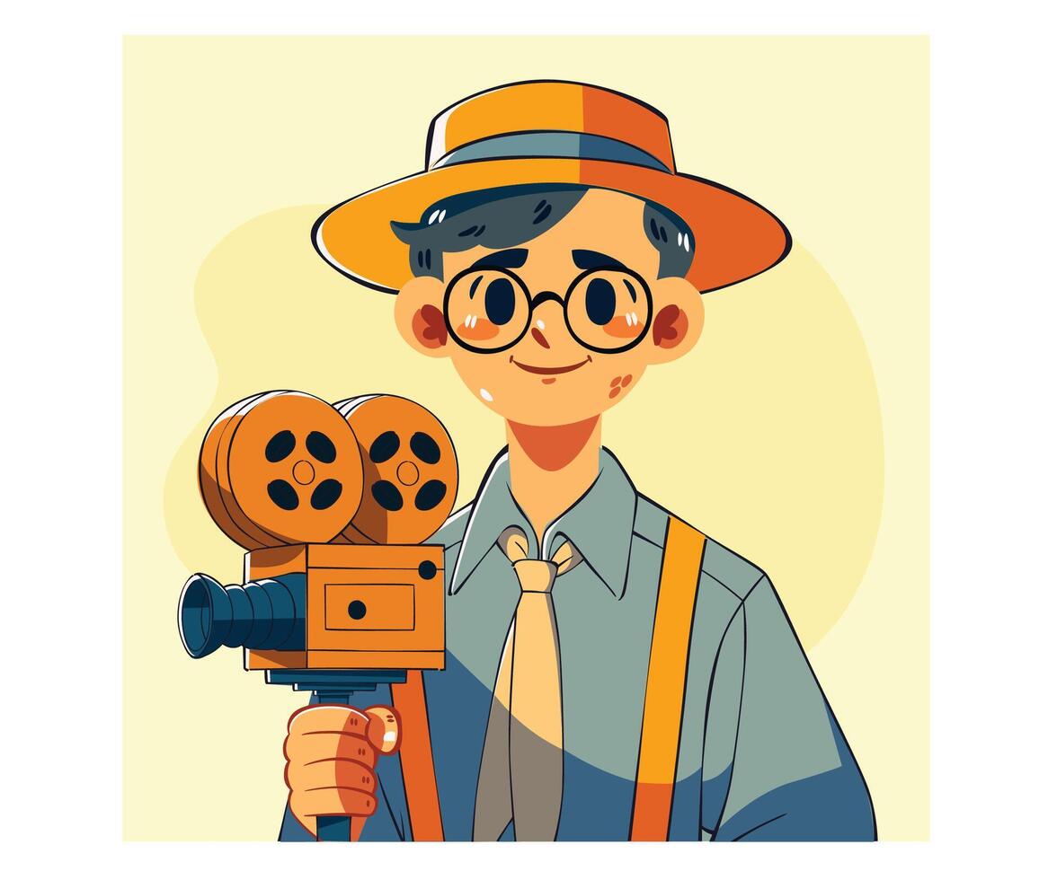 Young Filmmaker with Vintage Camera vector