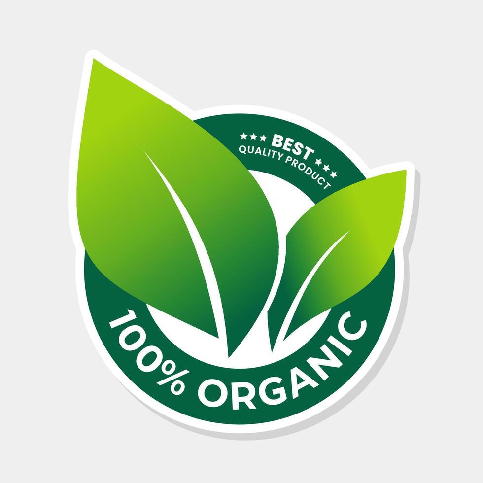 100 percent organic food l abel logo stickers design. Modern and minimalist green leaves with circular text in a circle. Illustration vector