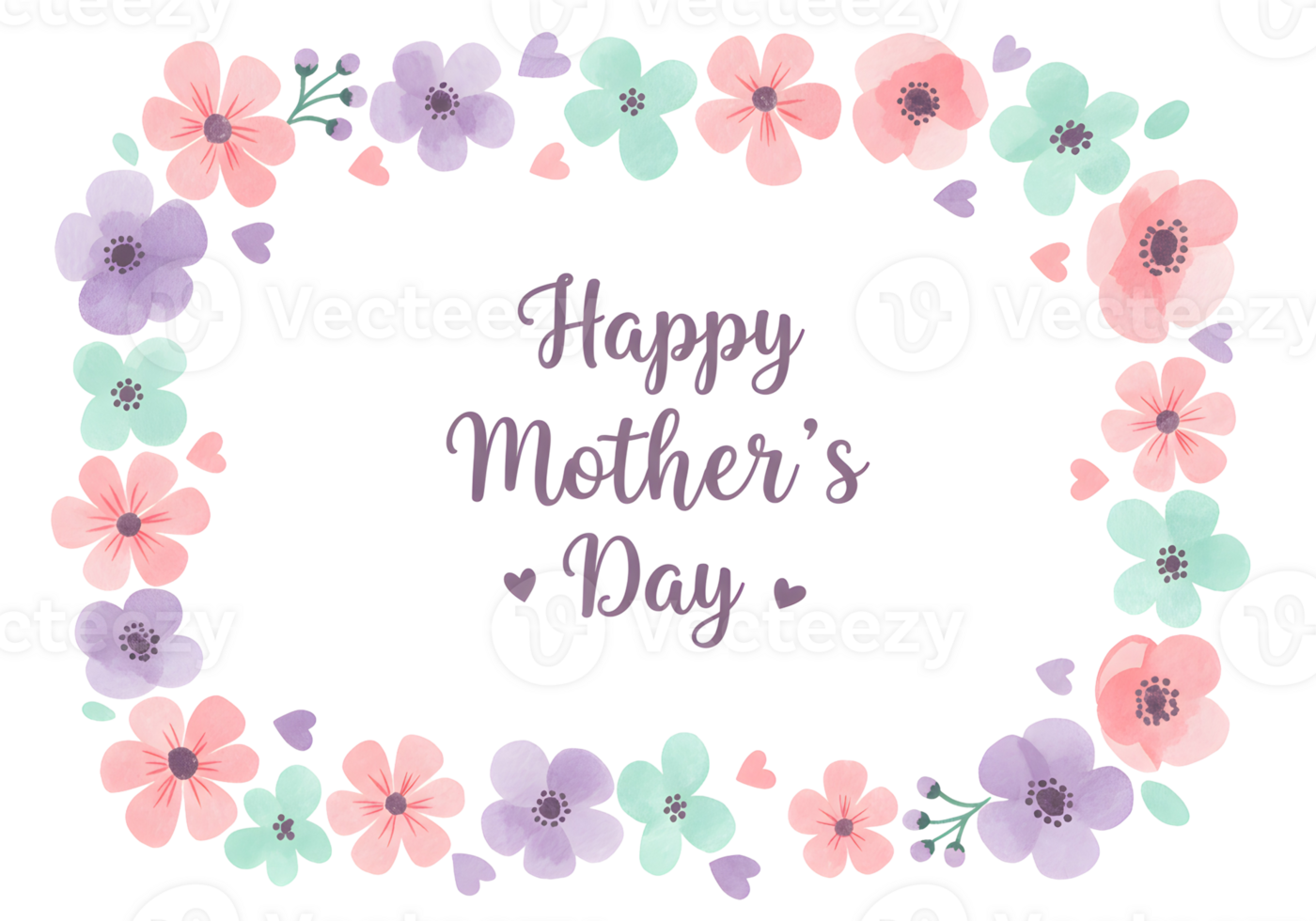 Watercolor Floral Border with Happy Mothers Day Text and Pastel Flowers on Transparent Background png
