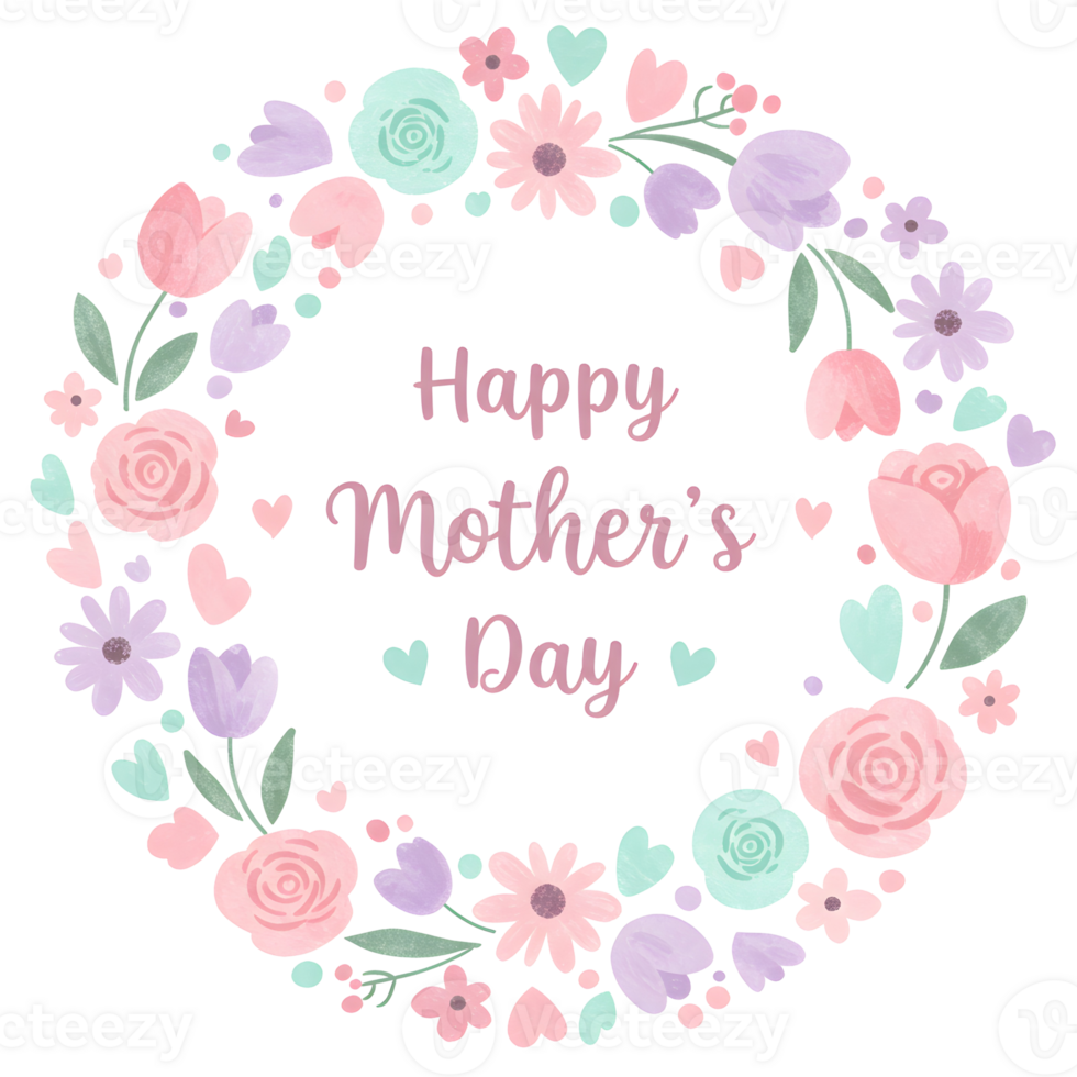 Watercolor Floral Borders with Happy Mothers Day Message on Transparent Background png