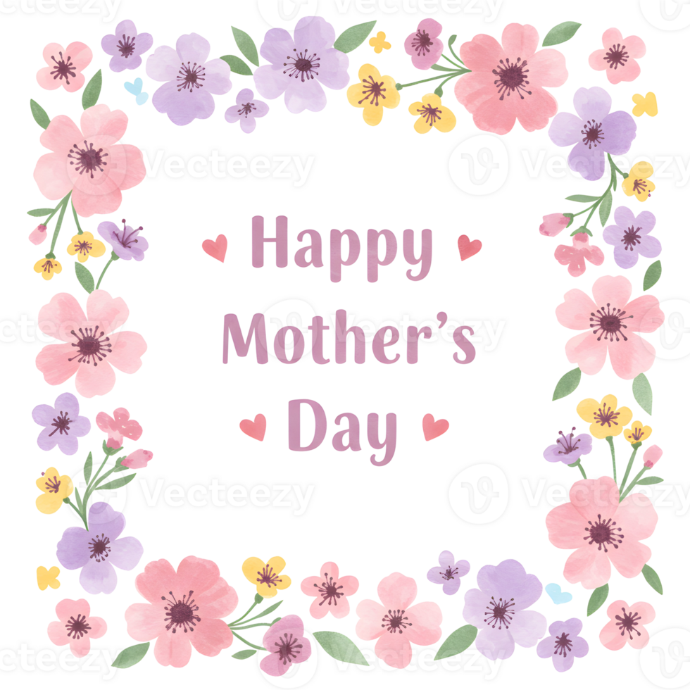 Floral Frame with Happy Mothers Day Text in Center Transparent Background isolated png