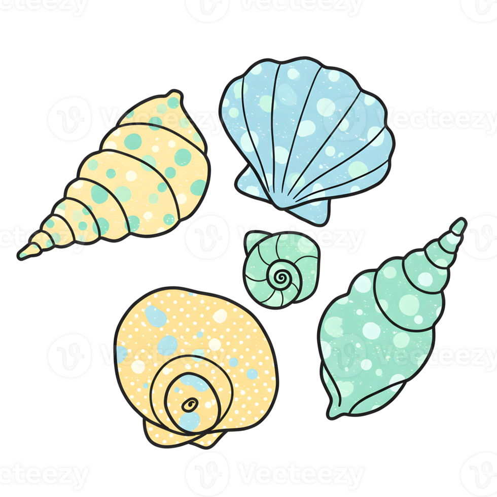 Whimsical Hand-Drawn Seashell Collection with Soft pastel Colors png
