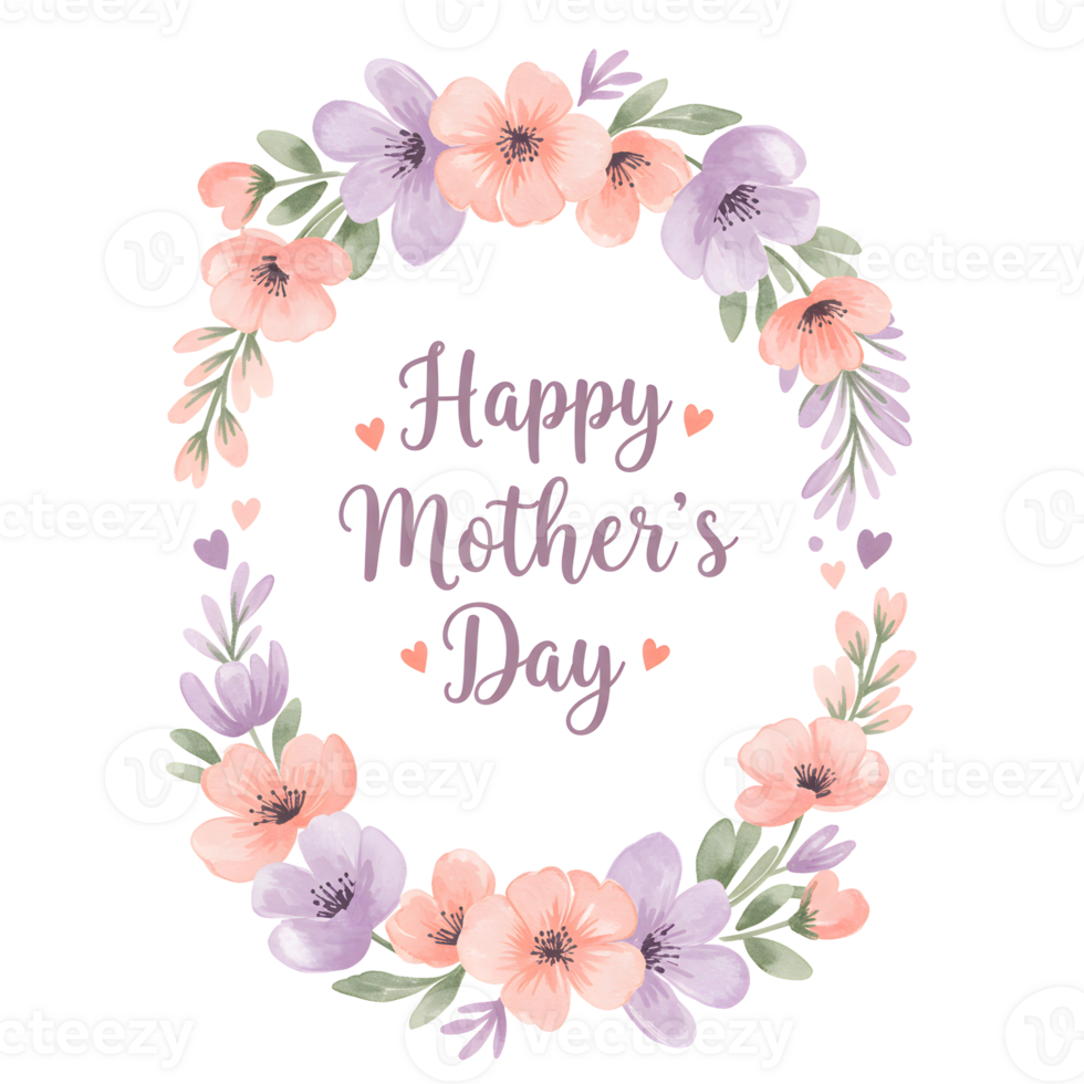 Watercolor Oval Floral Wreath with Happy Mothers Day Text in Center on isolated Transparent Background png