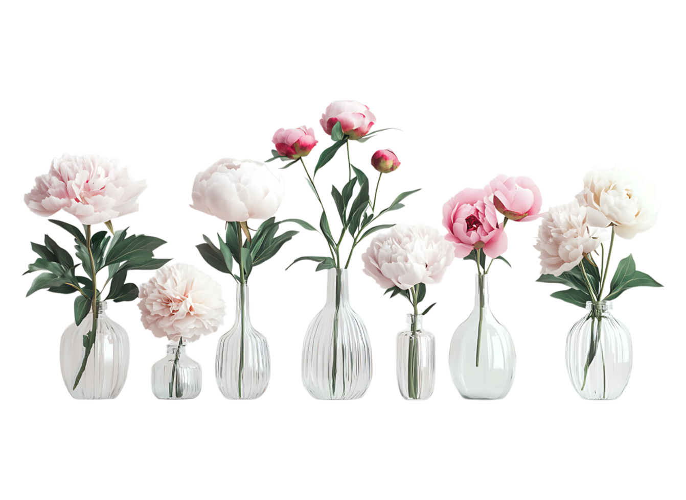 Set of six vases with pink and white flowers png