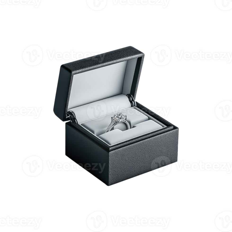 An open black box with a diamond ring inside png