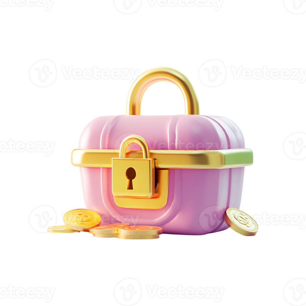 Pink suitcase with gold lock and coins on transparent background png