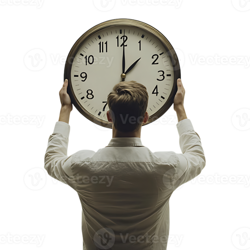 Man holding up a clock on a transparent background png