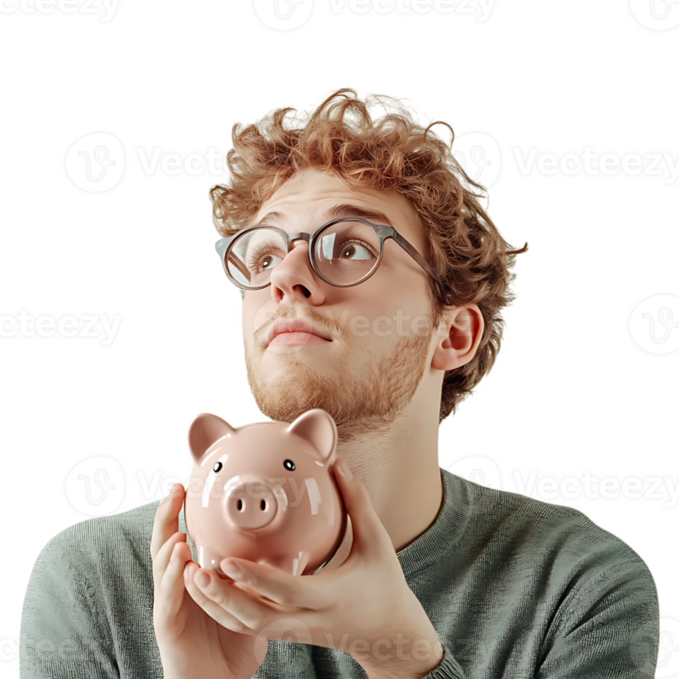 A man with glasses holding a piggy bank png